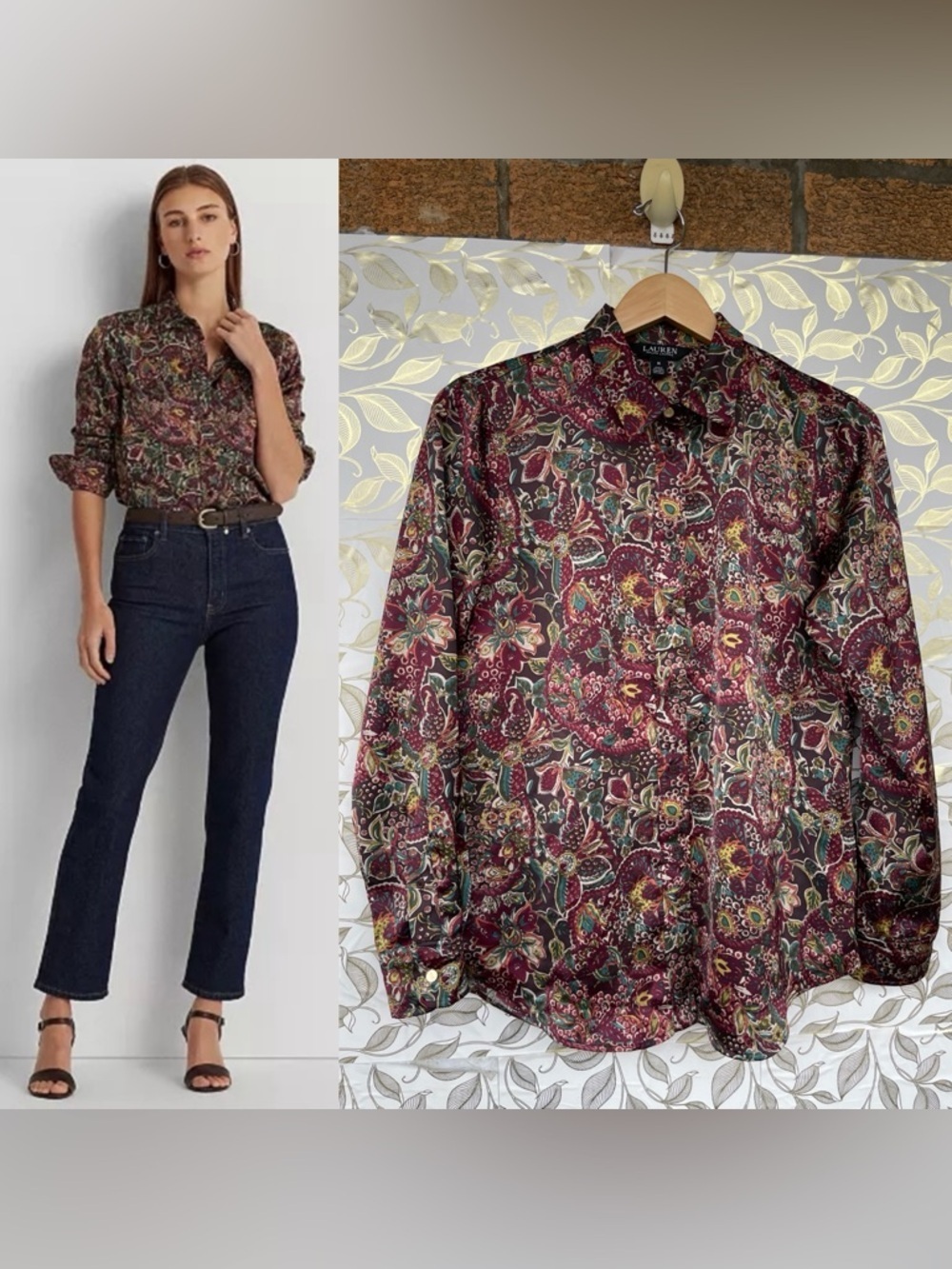 Lauren Ralph Lauren Boho Paisley Button Down Shirt Plum Satiny Quiet Luxury M